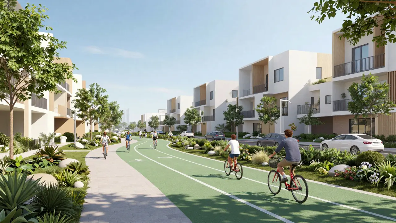 Cyclists on green urban path in residential area.