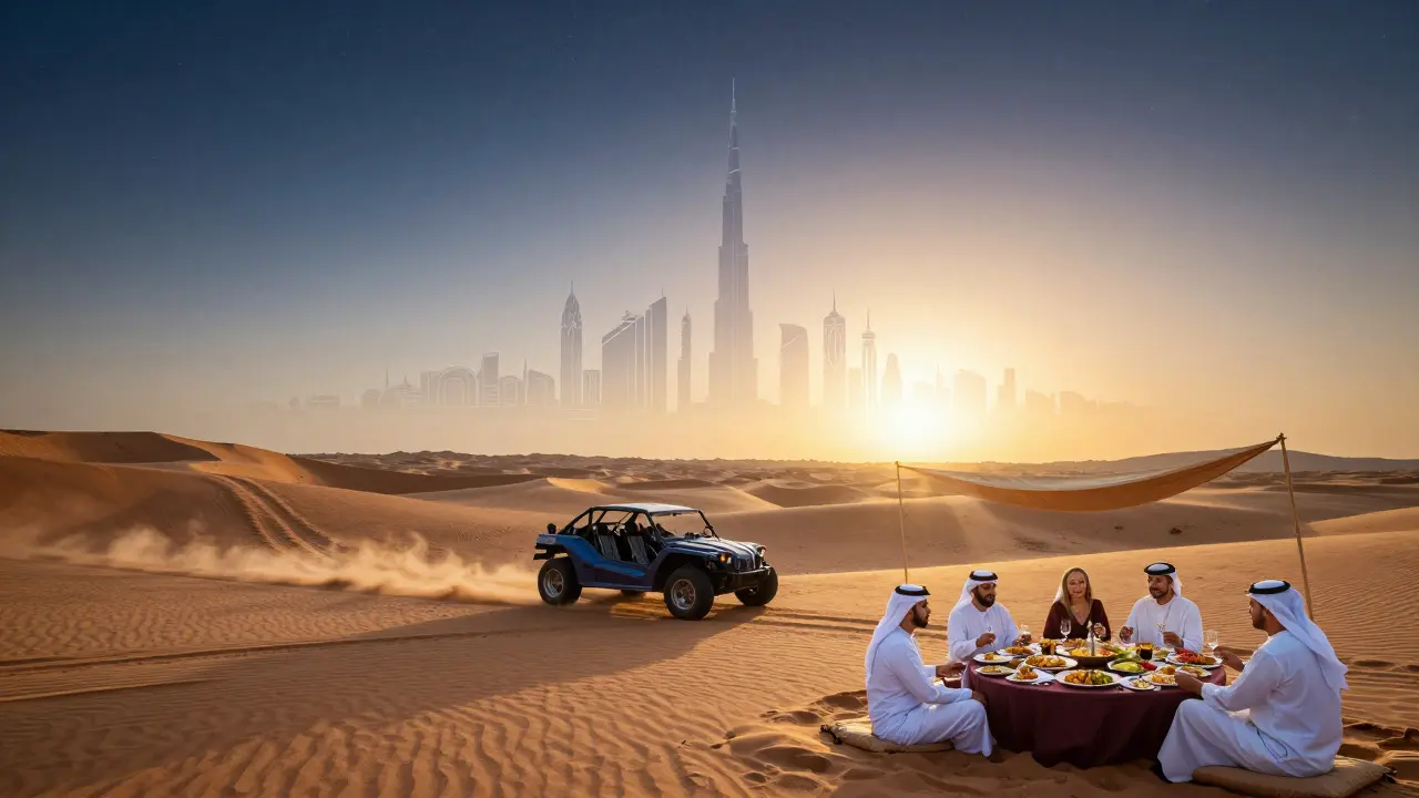 Desert at sunset with stars emerging and Dubai’s skyline glowing above the dunes.