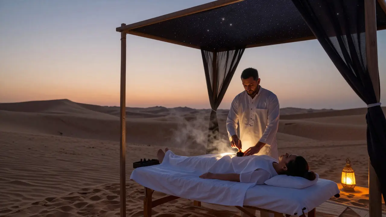 Desert spa at sunset with therapist using essential oils under a starlit canopy, dunes visible in the background.