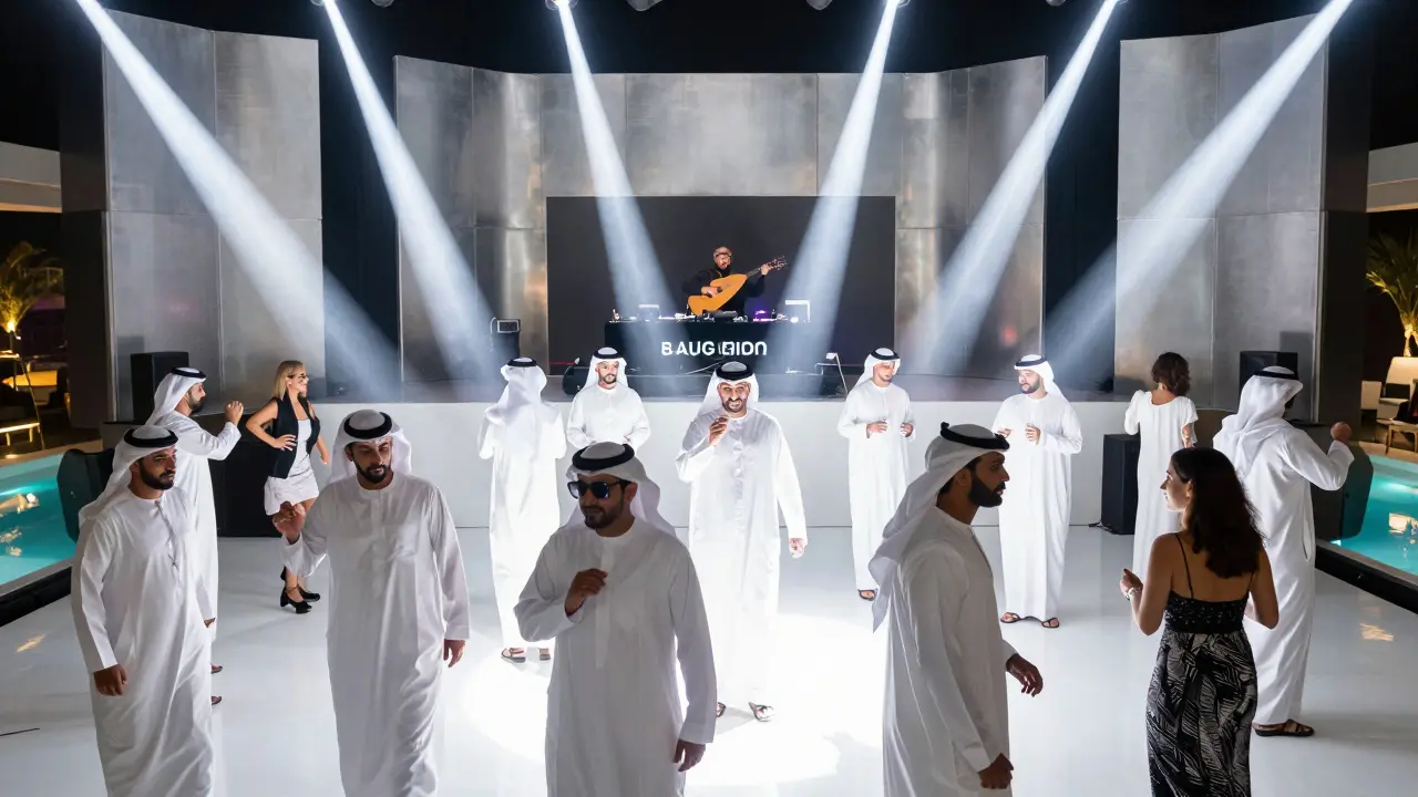 Diverse crowd dancing inside White Dubai's all-white venue as a live oud player performs on stage with house music beats.