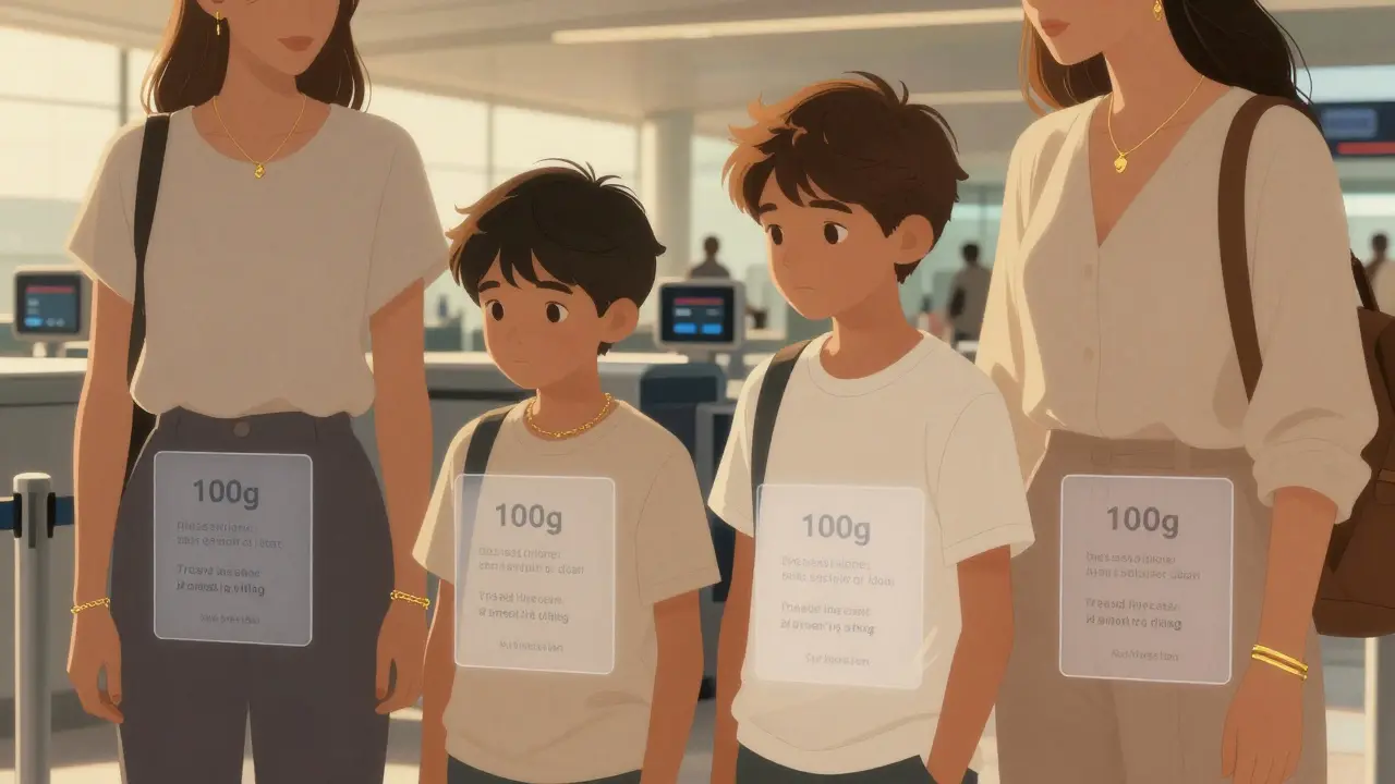 Family members wearing gold accessories at airport security, each under 100g limit