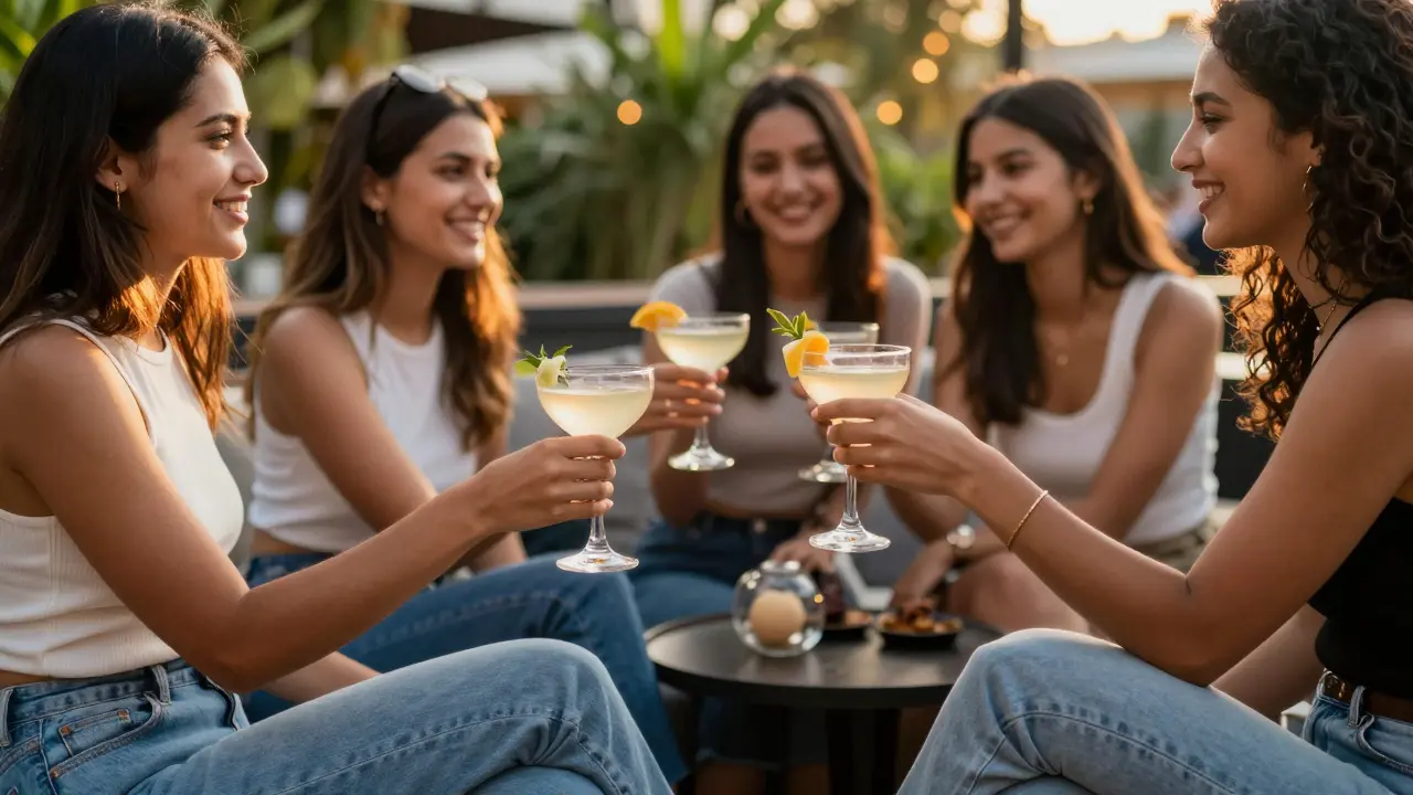 Friends enjoying cocktails in smart casual attire at a lounge area.
