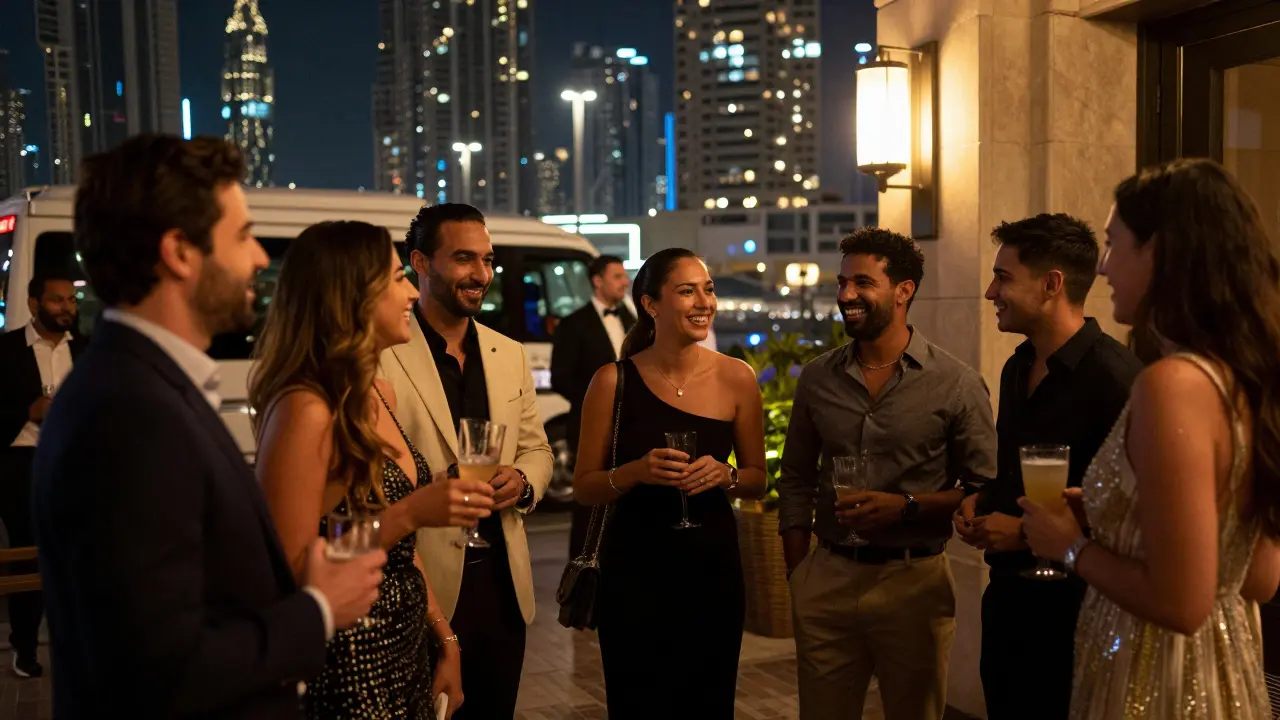 Friends socializing outside nightclub in Dubai