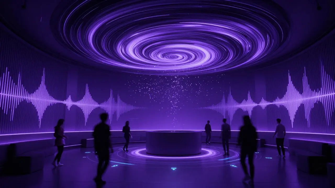 Futuristic club with AI-generated light patterns swirling around guests, no visible DJ booth.