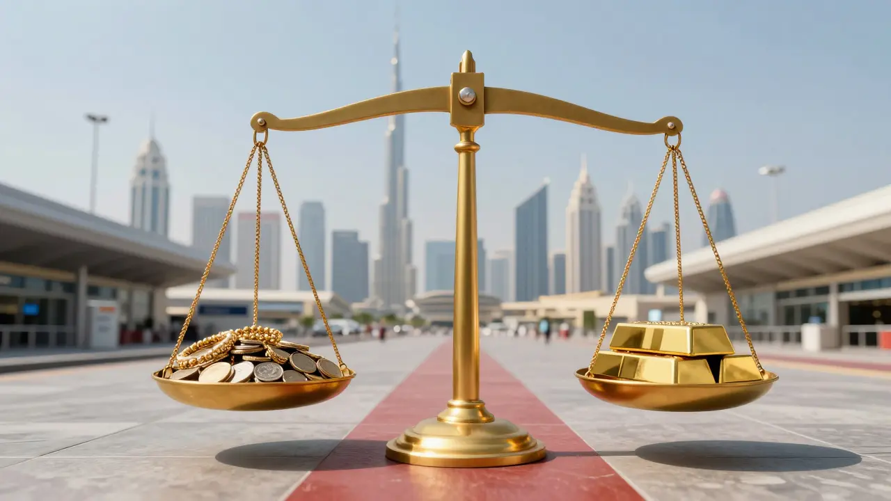 Golden scale balancing personal gold items against 100g legal limit near Dubai skyline