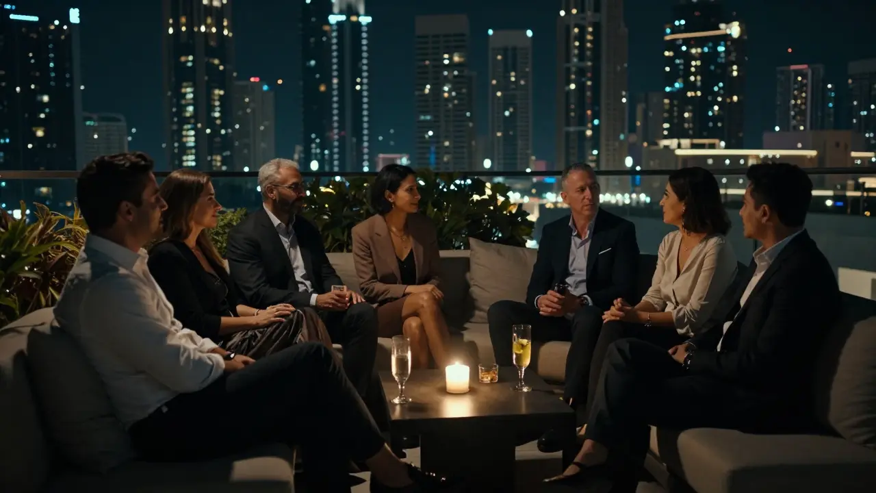 Group of friends relaxing and chatting at a quiet rooftop venue at night.
