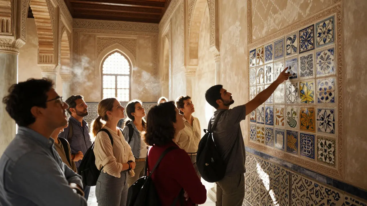 Group on a guided tour learning about hand-cut tiles in the mosque’s courtyard.