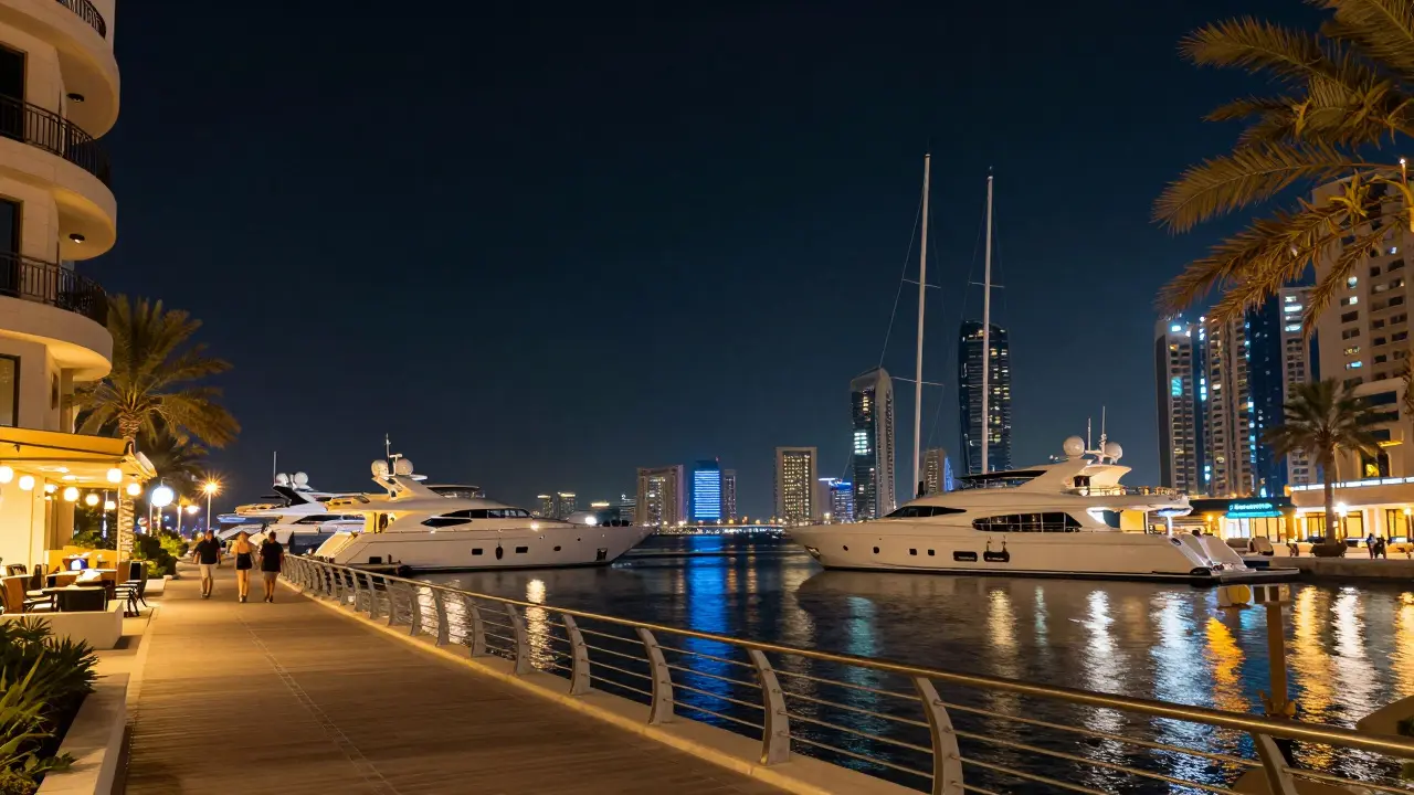 Illuminated Dubai Marina walkway with yachts at night.