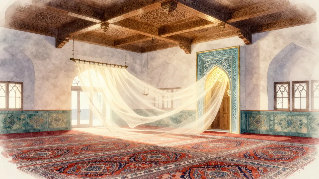 Interior prayer hall with wooden beams, carpets, and an intricately inlaid mihrab.