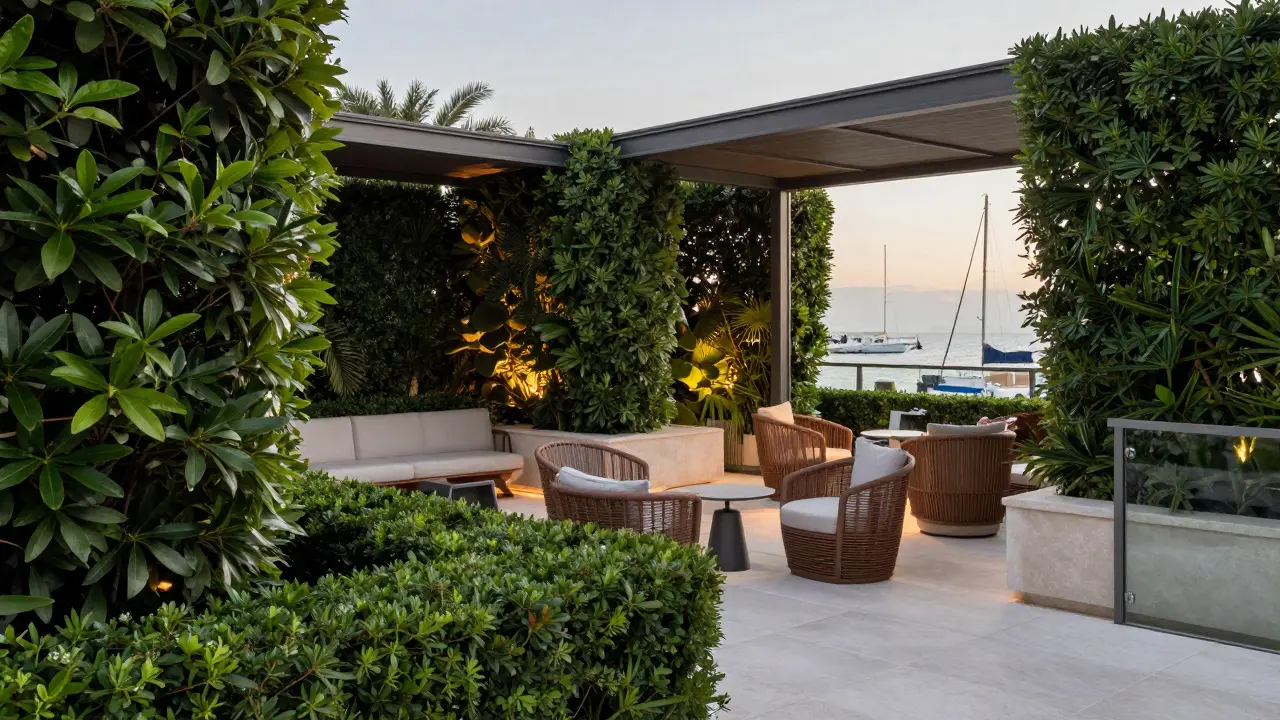 Luxurious outdoor lounge seating surrounded by lush garden plants.