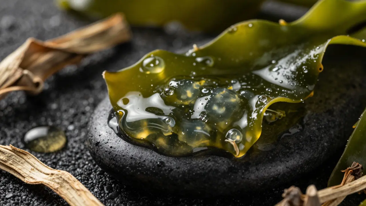 Macro shot of green seaweed gel on a black stone surface.