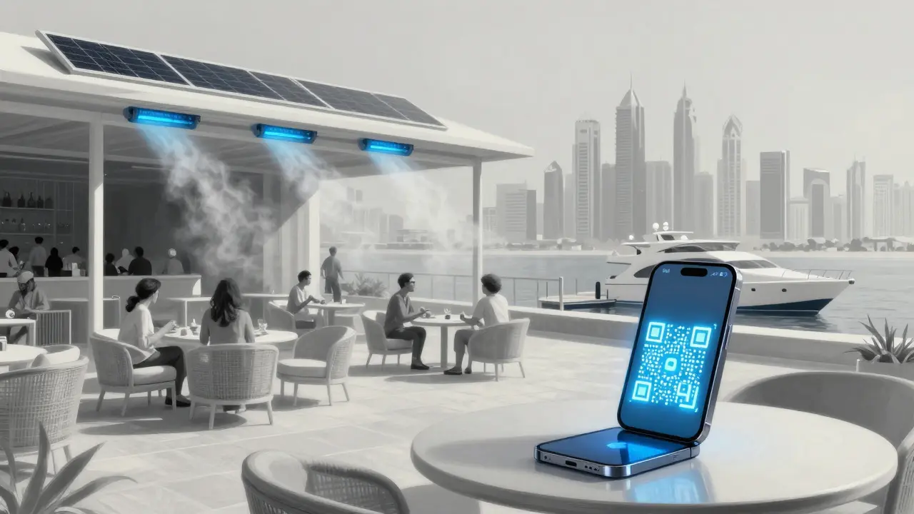 Modern rooftop lounge at Beach House Dubai with solar cooling and digital entry system, yacht docked below, skyline in background.