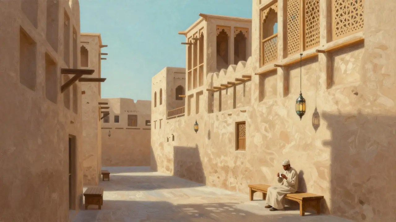 Narrow alley in Al Fahidi with wind towers and soft morning light filtering through wooden screens.