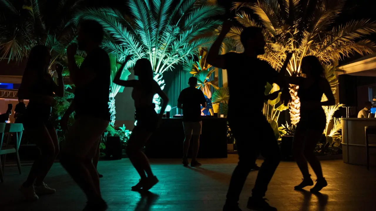 People dancing under palm trees with ambient lighting at a garden nightclub.