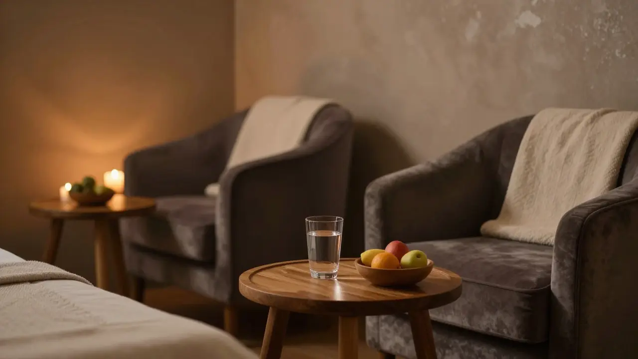 Serene wellness lounge with velvet chairs, water, and candlelight.