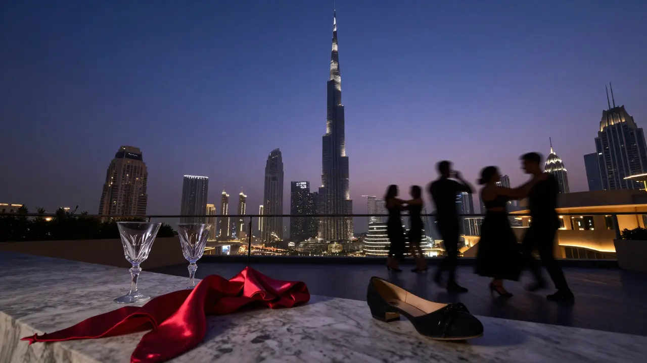 Silhouettes of dancers on Cavalli Club's terrace at sunrise, the Burj Khalifa glowing in the distance.
