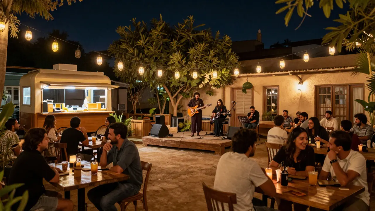 Soho Garden at night with a live band playing, patrons enjoying drinks at outdoor tables under string lanterns.