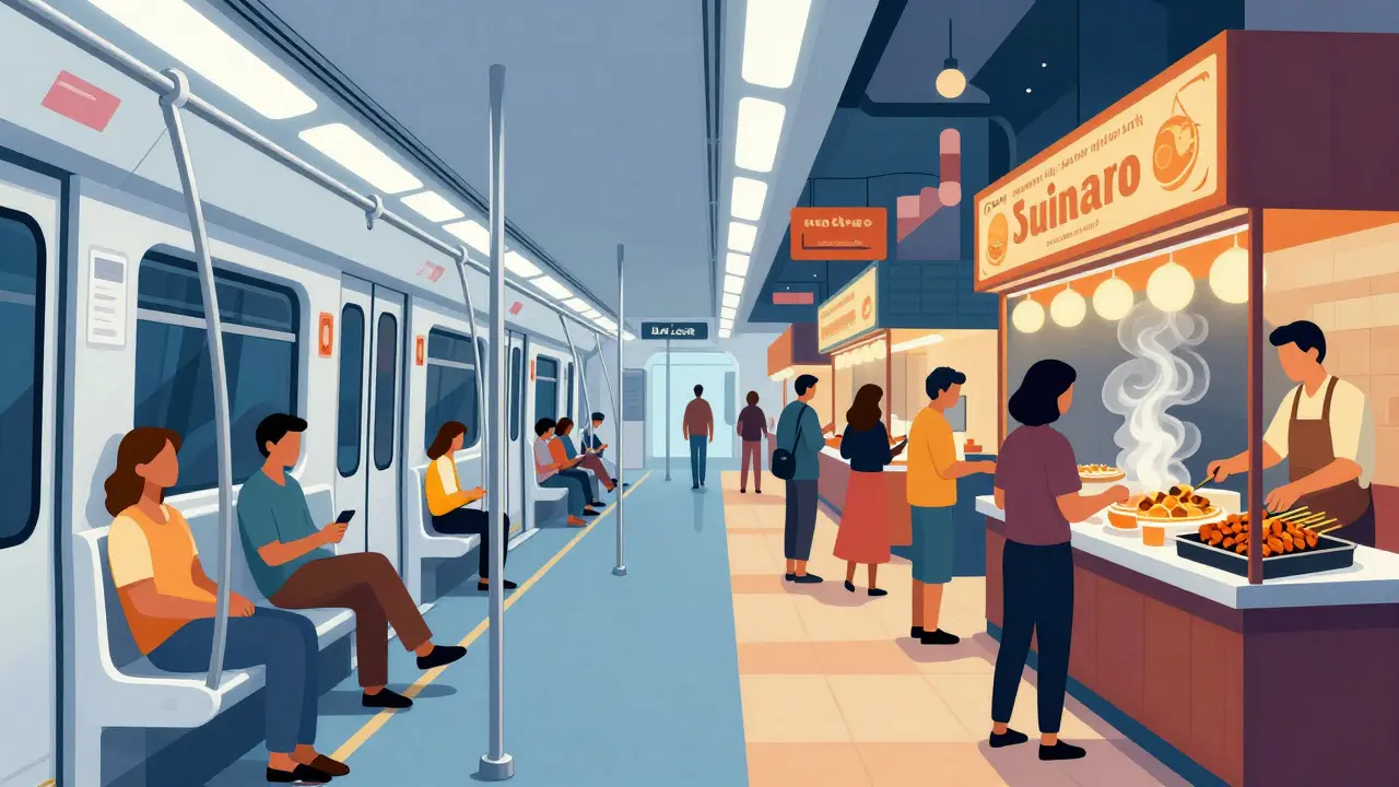 Stylized illustration of Dubai metro train next to a bustling street food market.