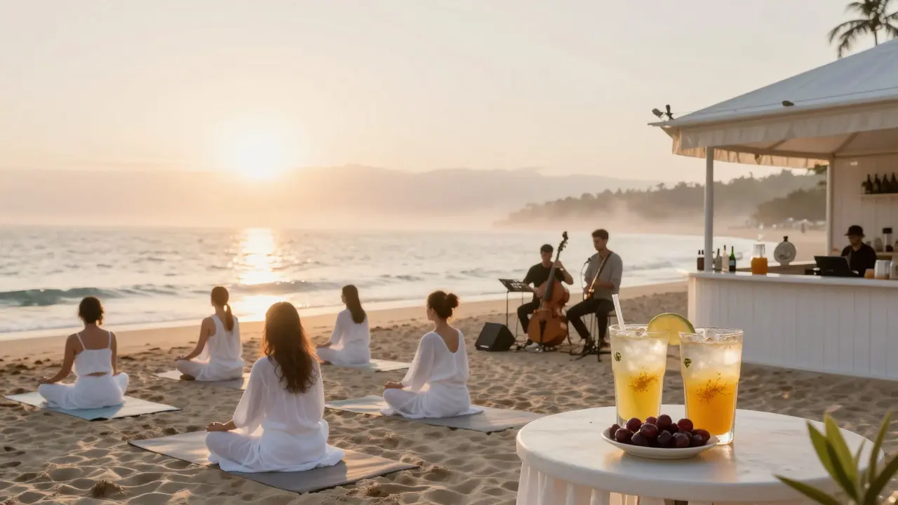 Sunrise yoga session on the beach at White Dubai with people in white clothing and a jazz trio playing near a juice bar.