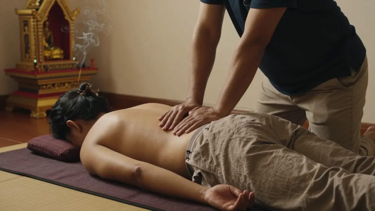 Therapist applies deep pressure along a client's back using forearm and knee during a traditional Thai massage in Dubai.