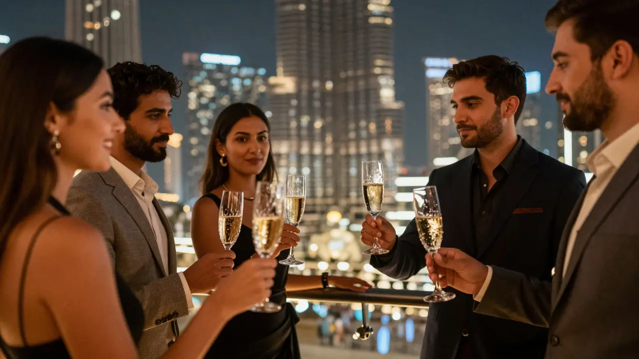 Friends drinking champagne on a luxury rooftop terrace at night