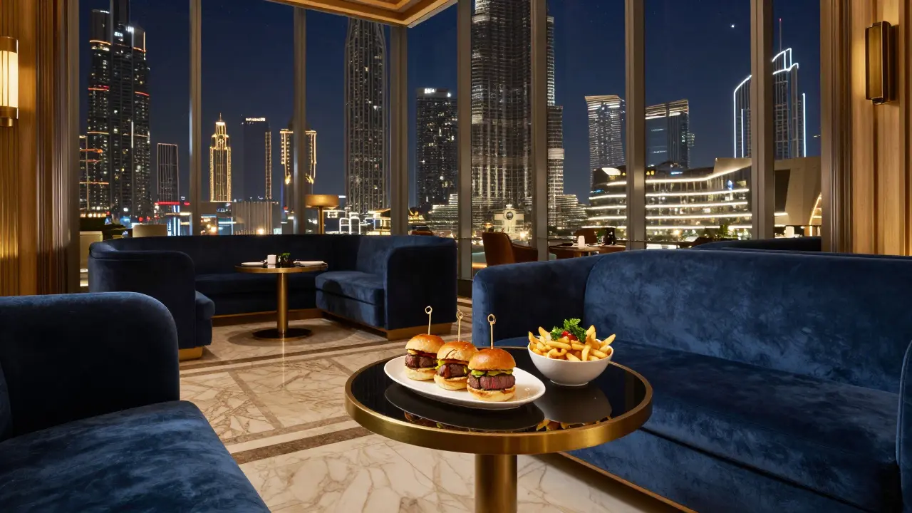 Luxurious hotel lounge in Downtown Dubai featuring gourmet sliders with the Burj Khalifa in the background.