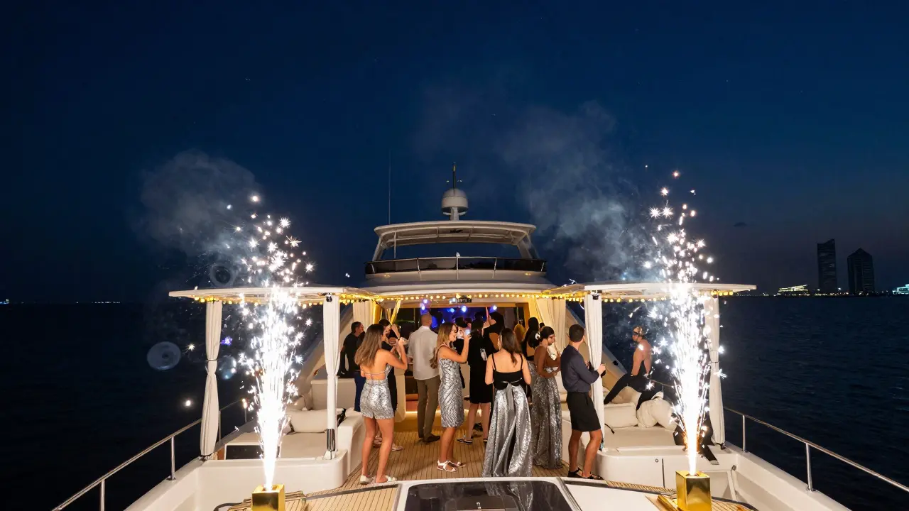 People celebrating on a yacht deck with city lights in background