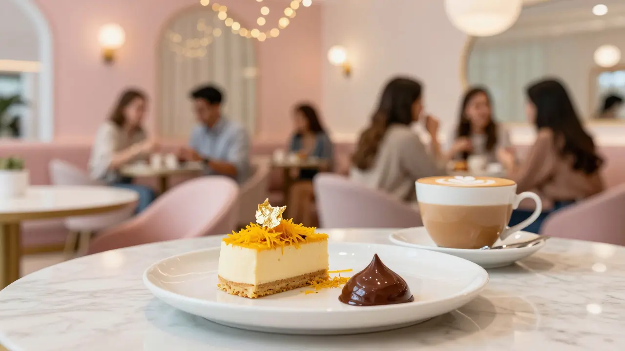Saffron cake and latte at a trendy late-night dessert cafe in Jumeirah.