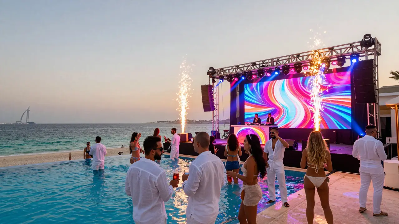 Vibrant luxury beach club party with a DJ and fireworks at sunset.