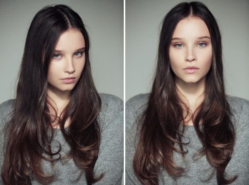 Lucy in a grey crew-neck sweater, side-by-side studio portraits against a neutral grey background.