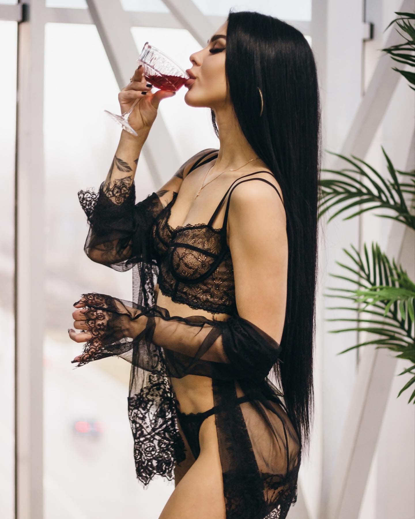 A woman in profile drinks red wine, wearing a black lace bra, garter, and sheer robe, with a forearm tattoo and a potted plant behind her.